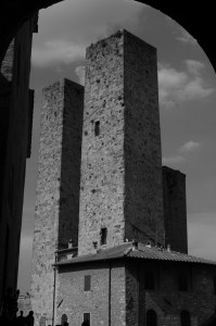 B&W image of towers at San Gimignano